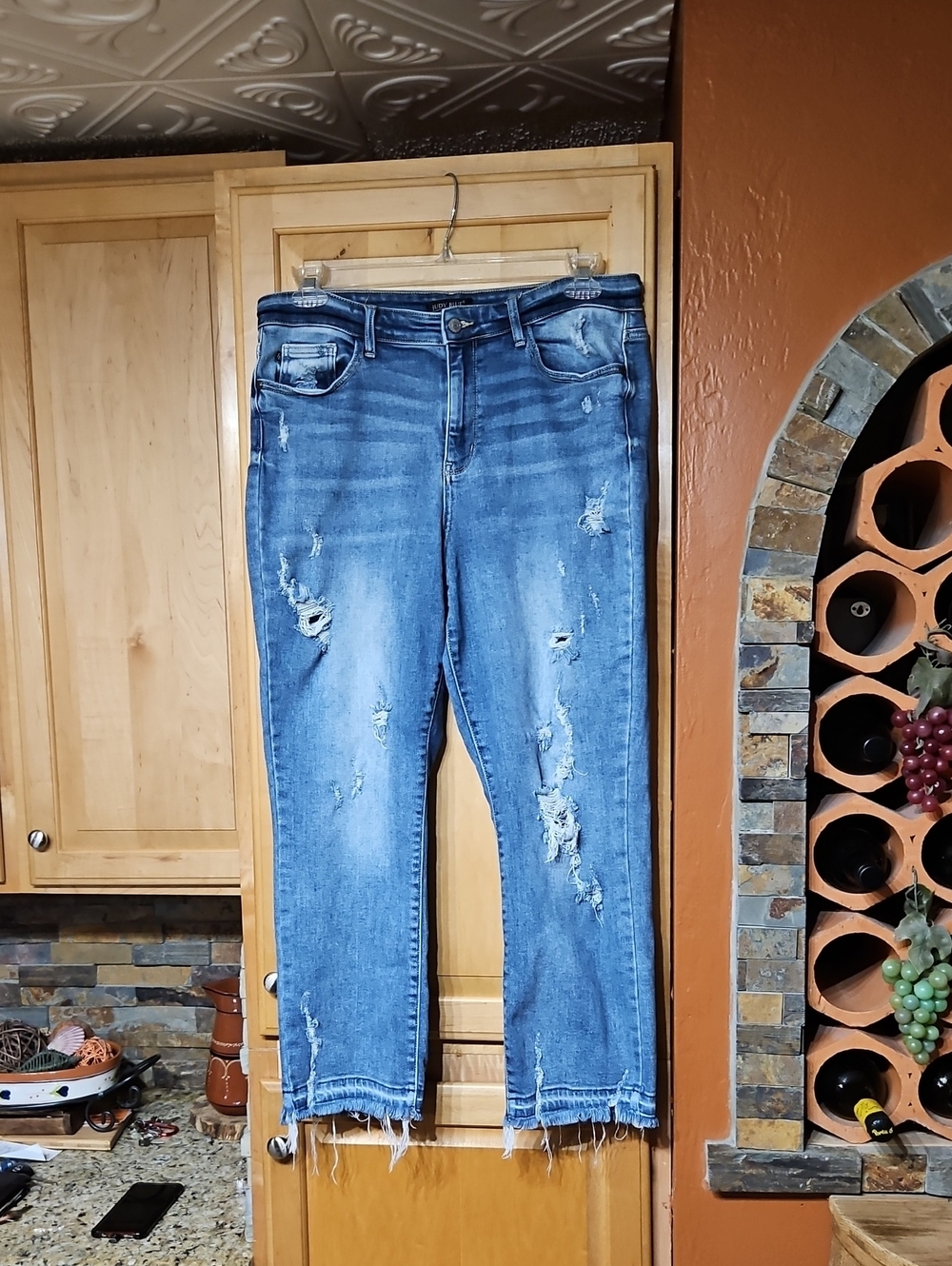 Judy Blue Straight Fit Leg Jeans High Rise Distressed Blue Raw Hem